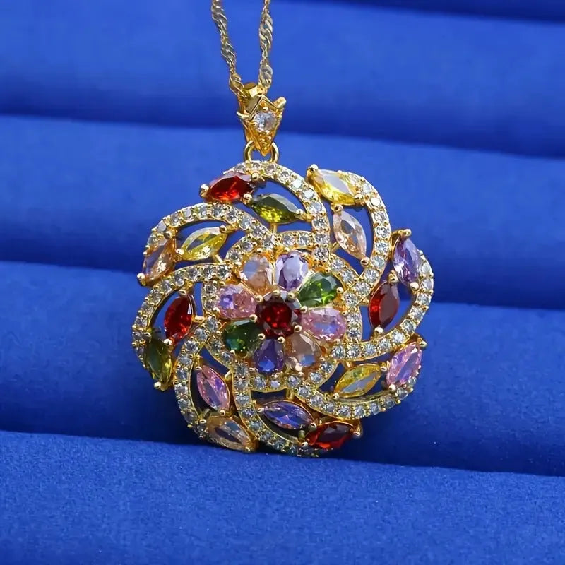 Spiral flower pendant necklace with colour zircon, real gold plating, and copper base