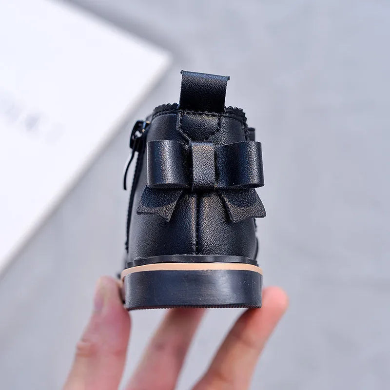 Girls bowknot smoke tube Martin boots in black, microfiber leather, side zipper, low tube