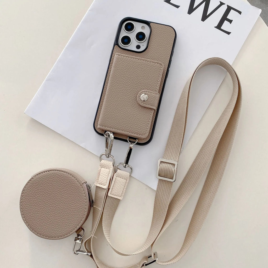 PC leather iPhone case with a card slot on the back and a lanyard loop, shown in multiple colours.