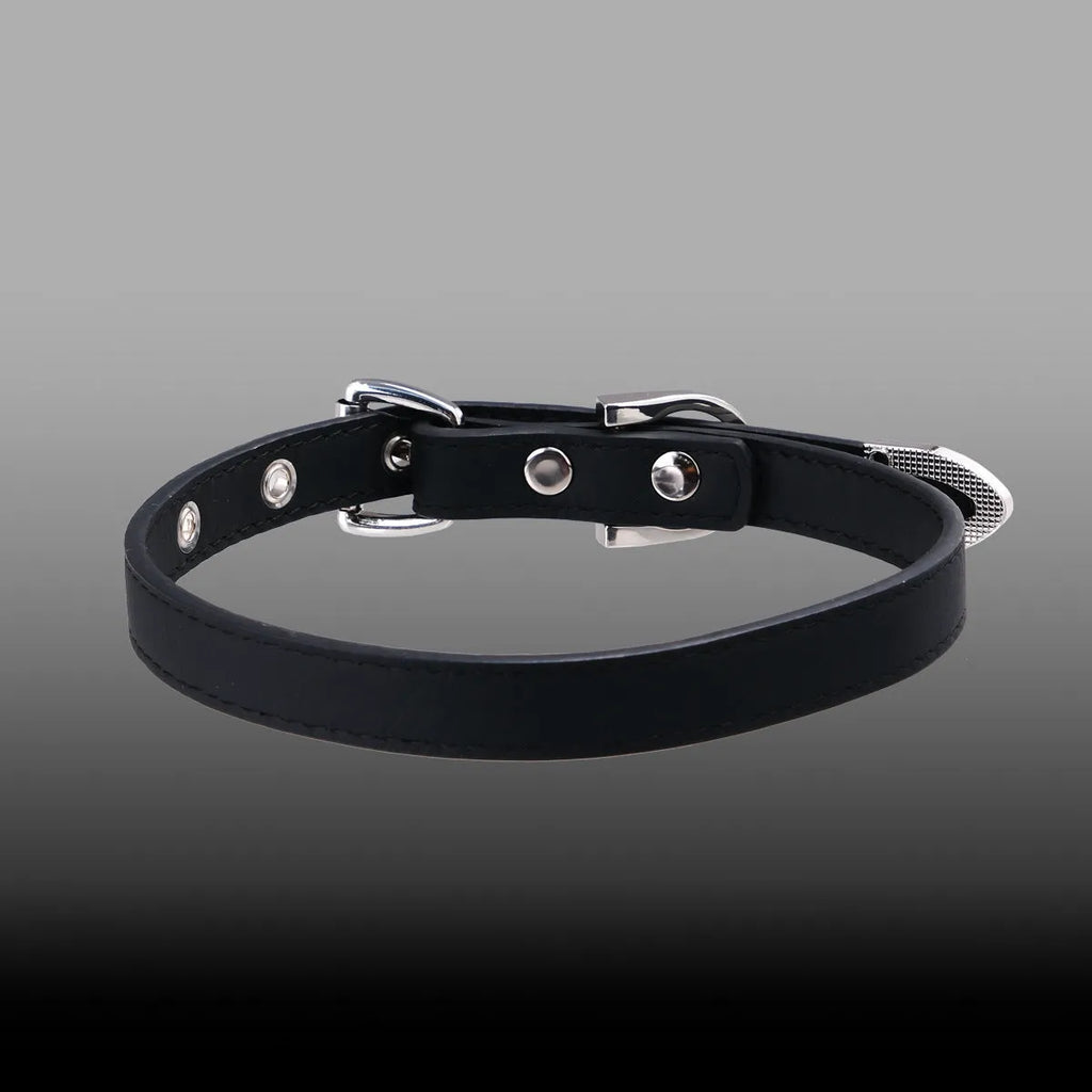 Black genuine cowhide handmade collar with geometric design and alloy pendant