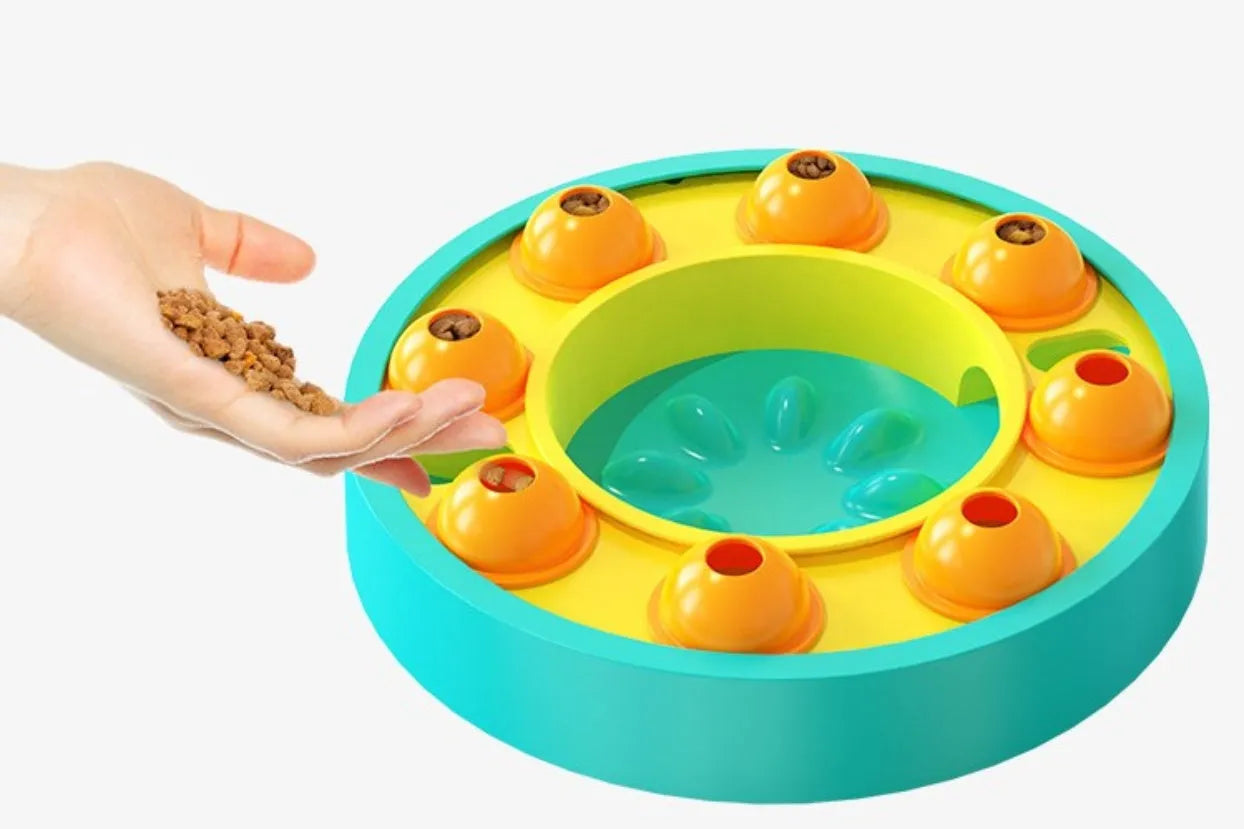 Blue dog puzzle toy slow feeder treat dispenser for large dogs on grass