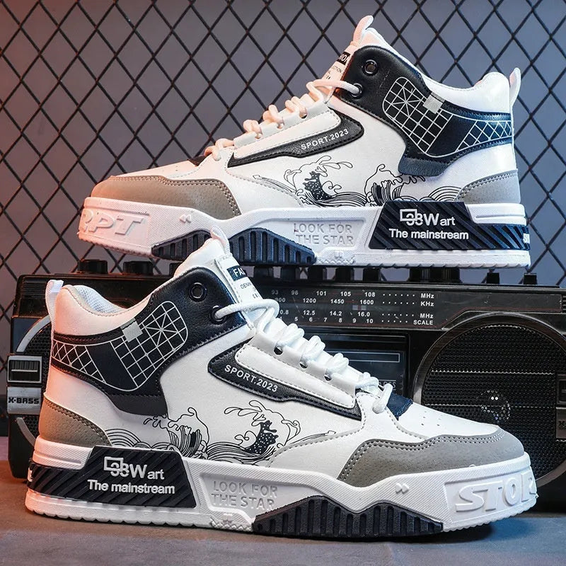 Men's beige, white, and blue high-top board shoes with lace-up front and rubber sole