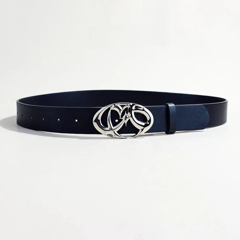 Silver buckle casual belt with PU leather strap and snap button closure
