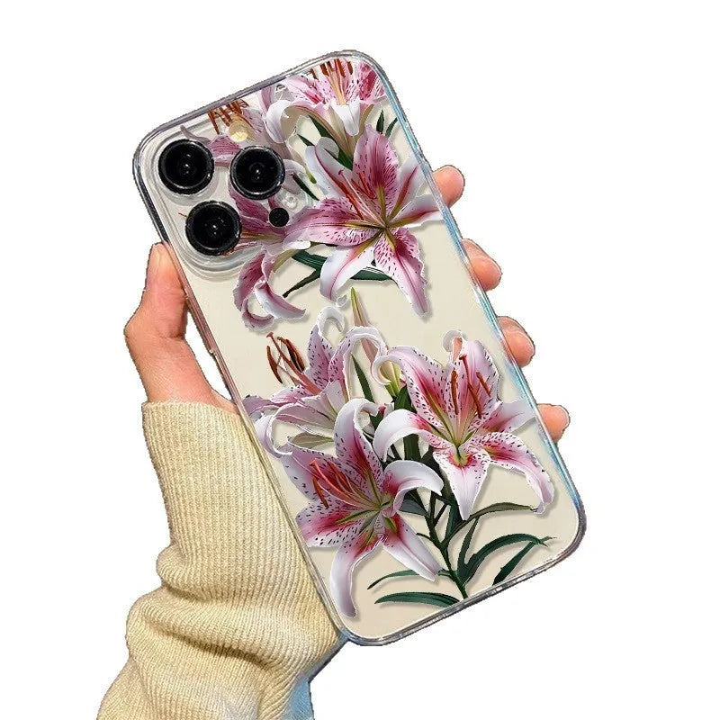 Transparent TPU phone case with embossed lily design, anti-fall back cover for iPhone models