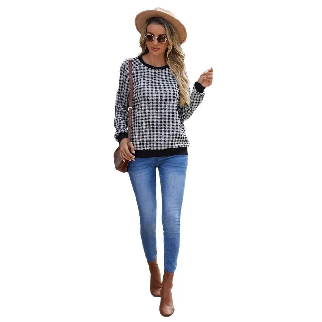 Black long sleeve women's pullover sweater with a Japanese sweet plaid and stripe print pattern.