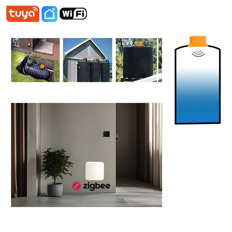 Moray ME201W wireless fluid level monitor sensor with WiFi antenna and power adapter.
