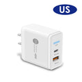 PD48W travel charger with British three-pin plug in black and white options showing compact dimensions