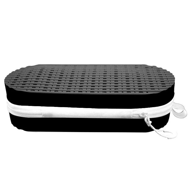 Silicone glasses case with long handle in rose red light purple colour, showing 200x80x50mm dimensions