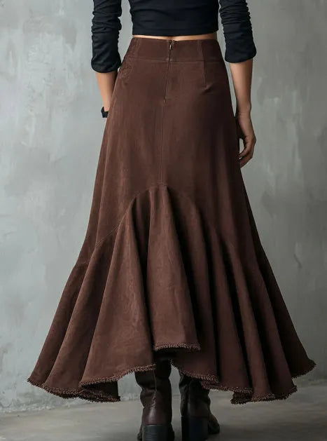 Brown Western-style maxi skirt with high-low hem and ruffle detailing