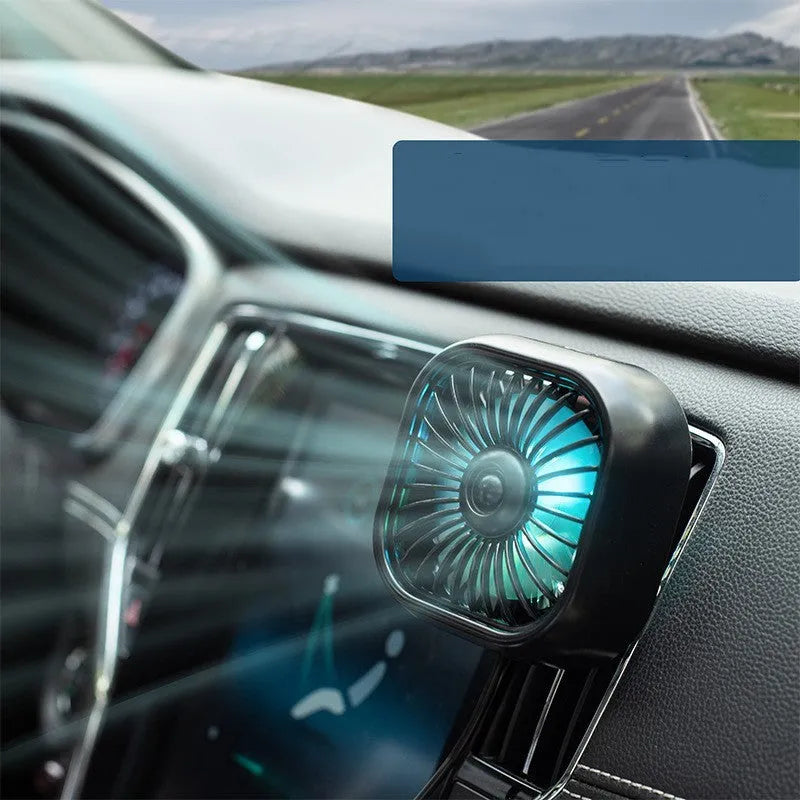 Black USB car fan with three speed buttons on compact 97mm base