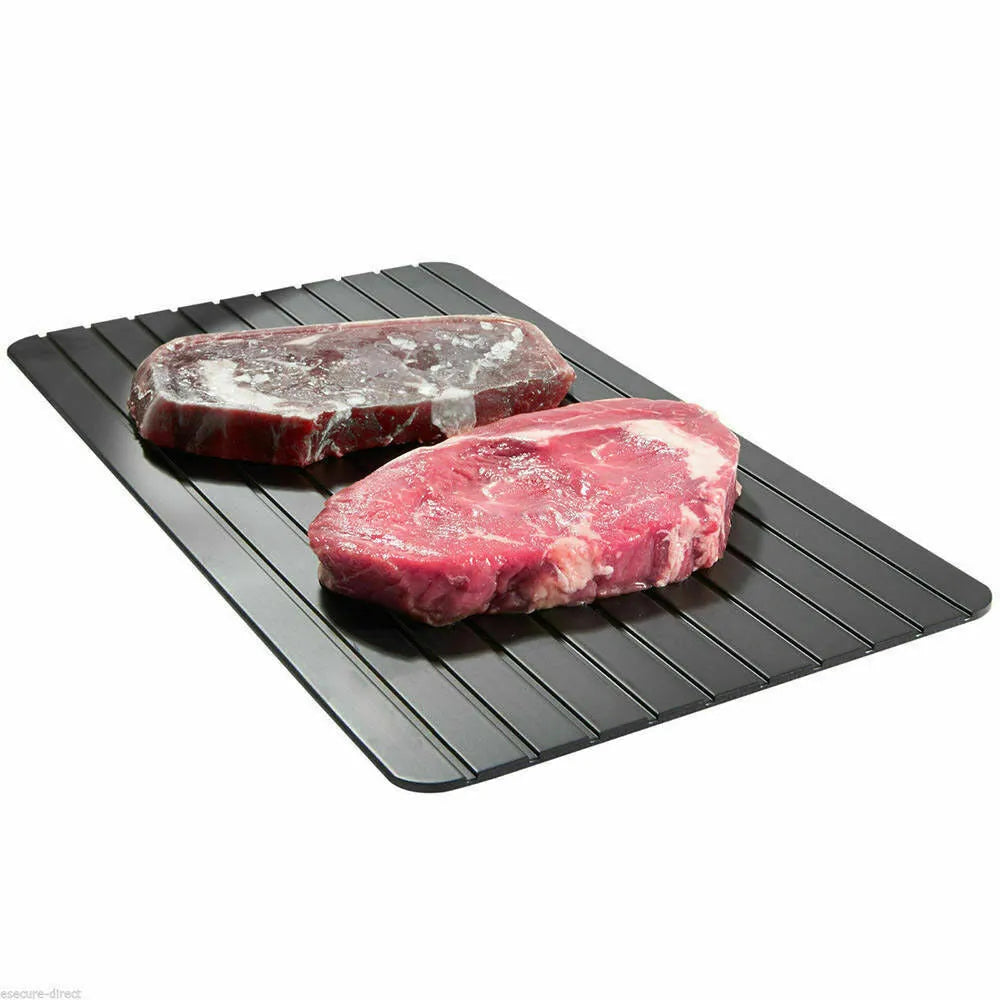 Black rectangular aluminium fast defrost tray for thawing frozen meat and food