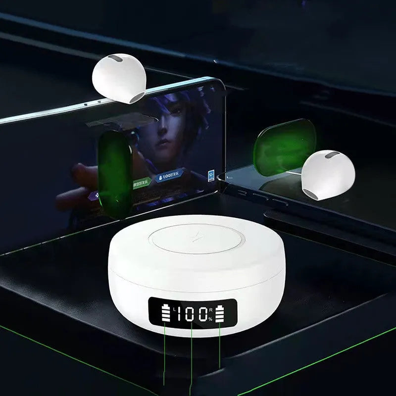 Small black wireless semi-in-ear headphones placed inside their white wireless charging case.