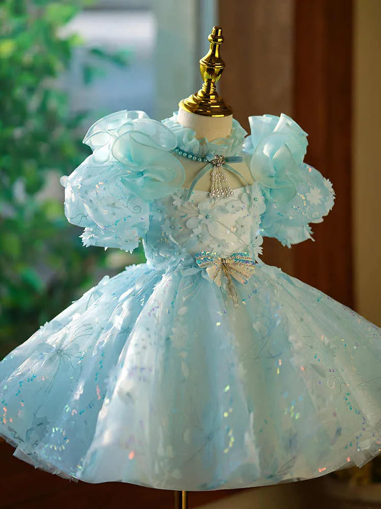 Girls' blue-green satin princess evening dress with back zip fastening, full-length formal gown