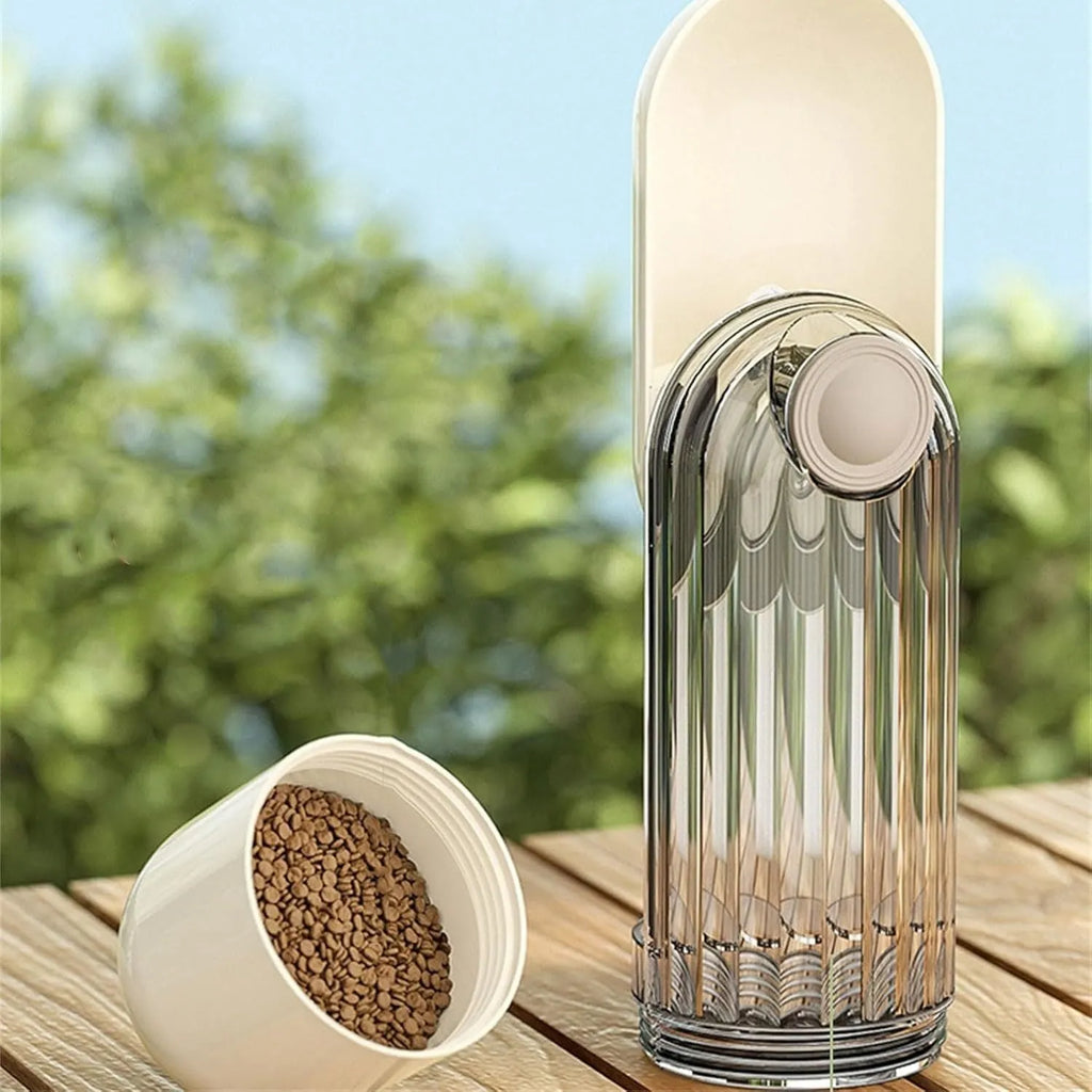 Beige and green portable dog water bottle with food dispenser, shown folded and unfolded.