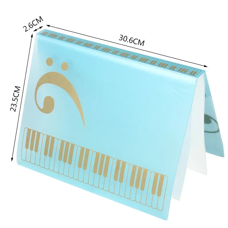 Piano music folder with transparent sleeves for sheet music inserts in ABS plastic