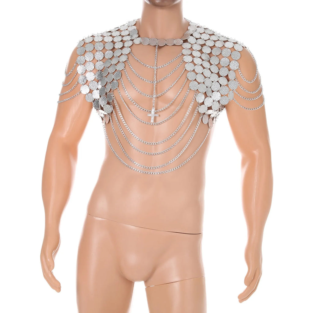 Silver metal chain sling chest strap with sequin stitching on imitation leather for men