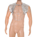Silver metal chain sling chest strap with sequin stitching on imitation leather for men