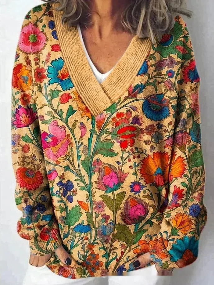 Women's V-neck sweatshirt with 3D floral pattern print and long sleeves in casual pullover style