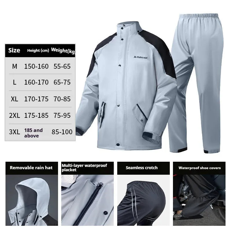Adult rainproof motorcycle raincoat in six colours with optional shoe covers, sizes M to XXXL