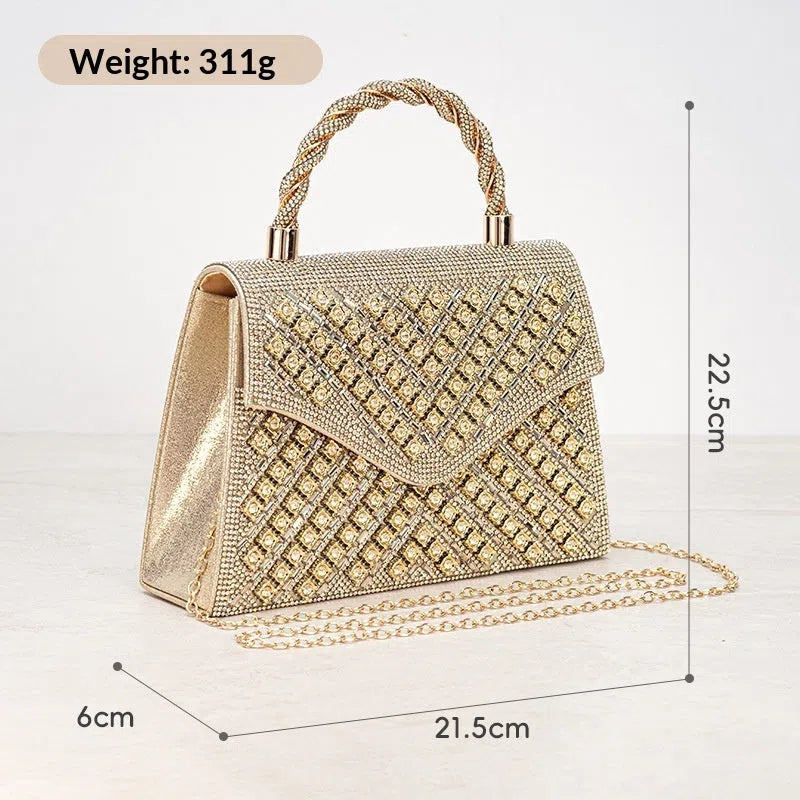 European American retro hard horizontal square crossbody bag with diamond inlay in gold