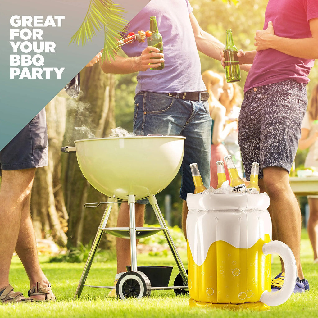 Yellow inflatable beer mug pool float cooler with 44cm height and 32cm diameter