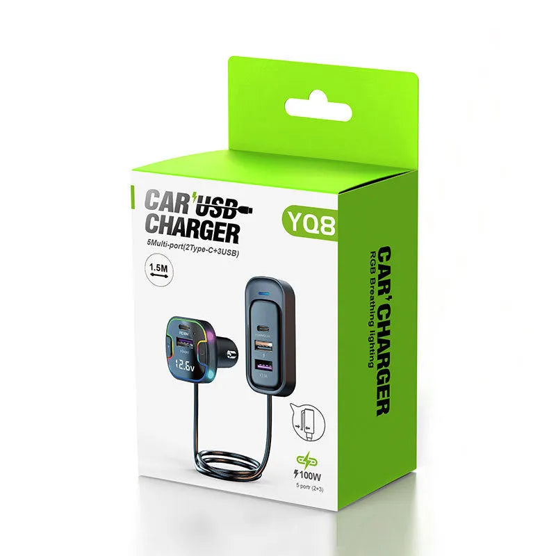 YQ8-Black car charger with five USB ports for simultaneous device charging