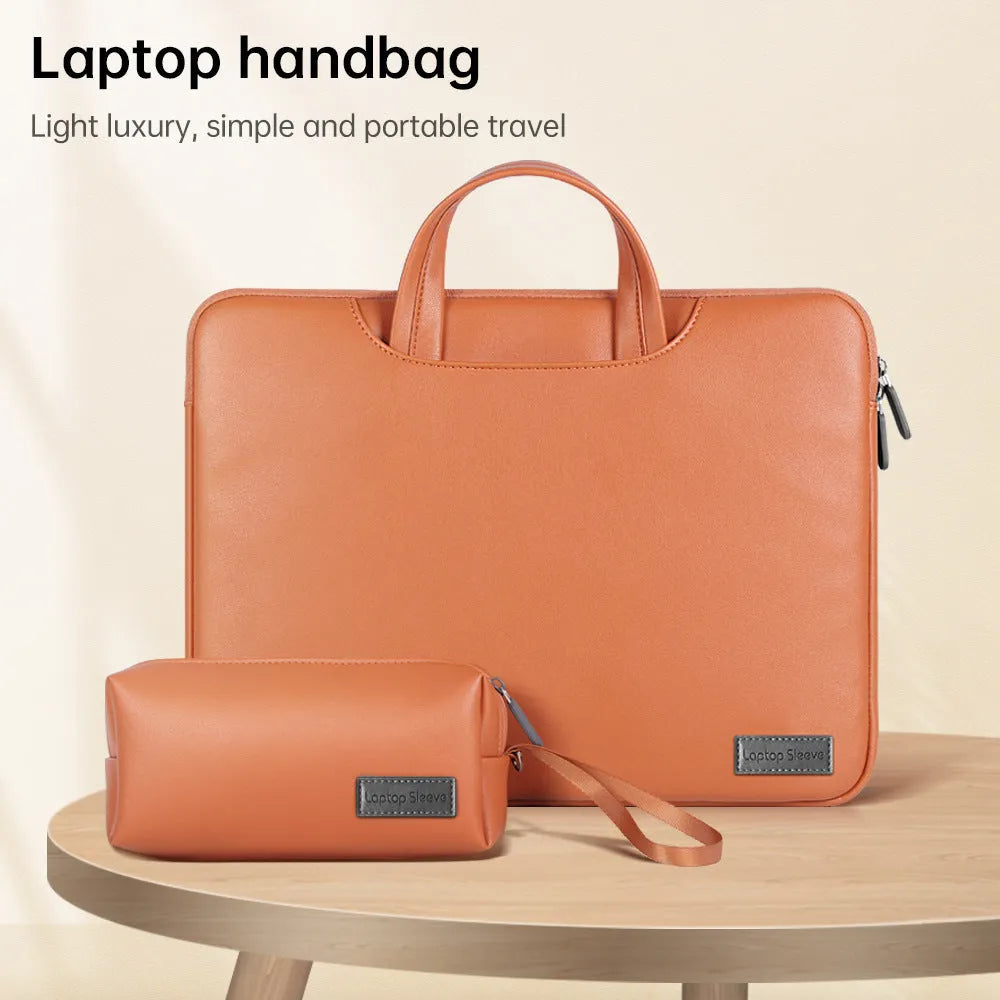 Shockproof laptop bag in black PU material with shoulder strap and accessory bag