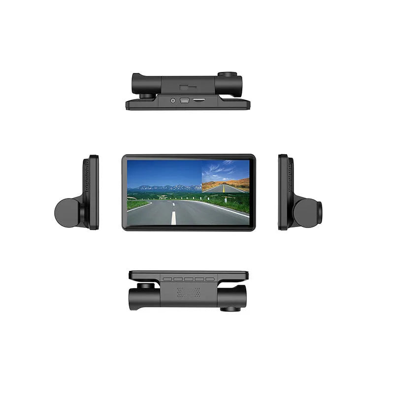 Black three-lens dashcam with 4-inch touch screen for front and rear vehicle recording