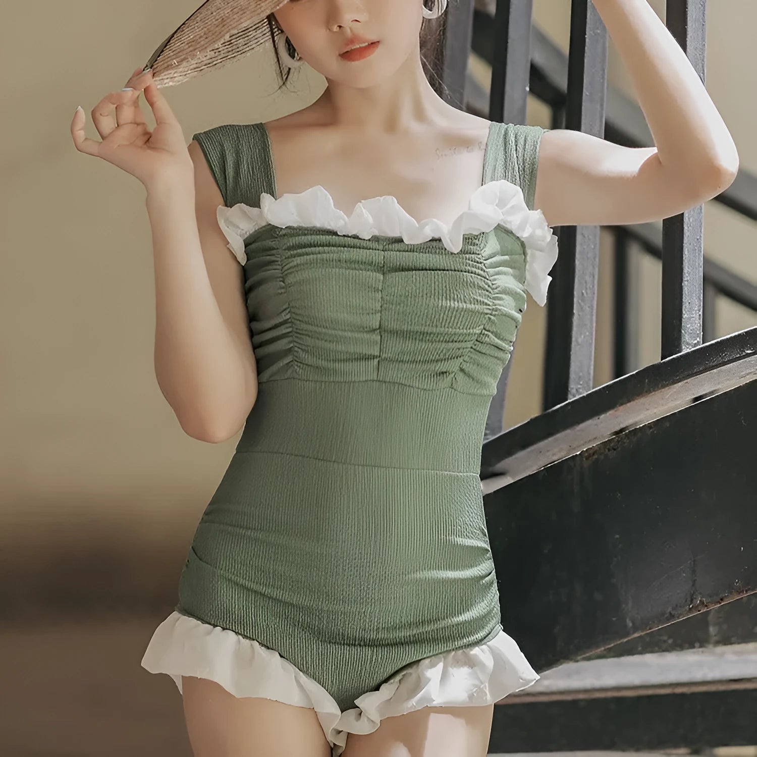 Korean style high-waisted one-piece swimsuit in quick-dry polyester fabric