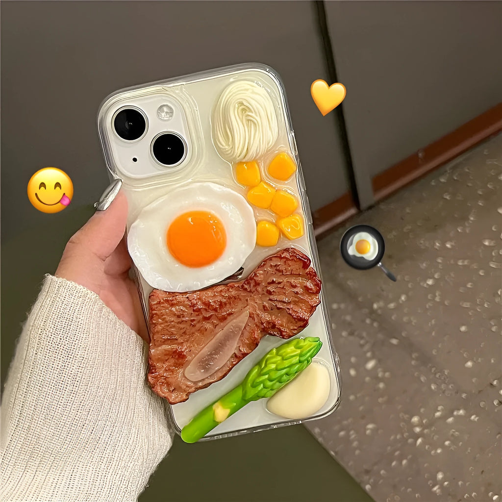 Creative 3D steak omelette epoxy phone case for iPhone models, anti-fall protective cover.
