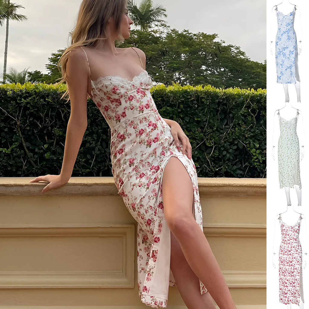 Blue lace floral print long dress on a model, showing side slit and suspender straps.