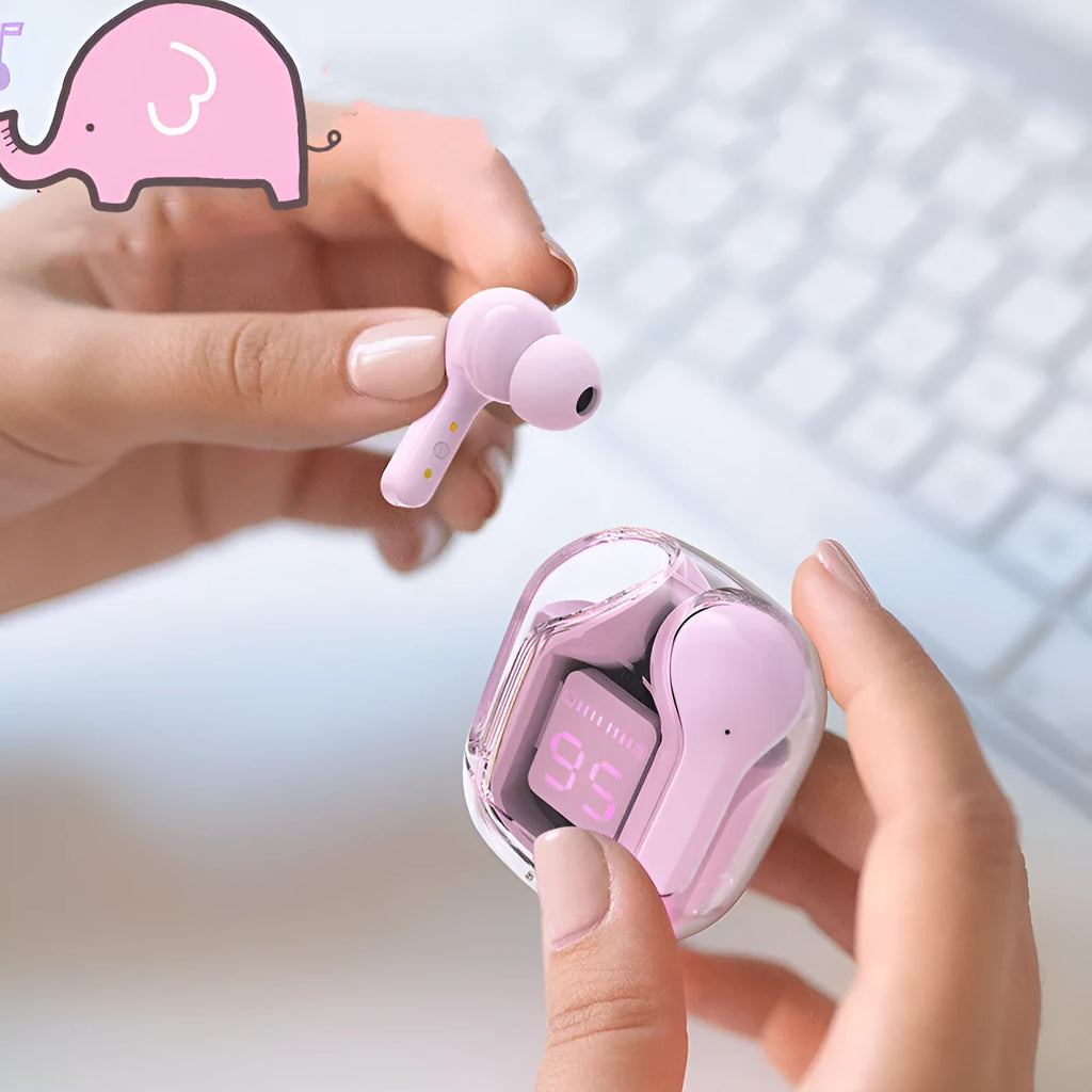 Mini wireless Bluetooth headset with LED power display, silicone case, earplugs, and USB-C charging cable on a grey background.
