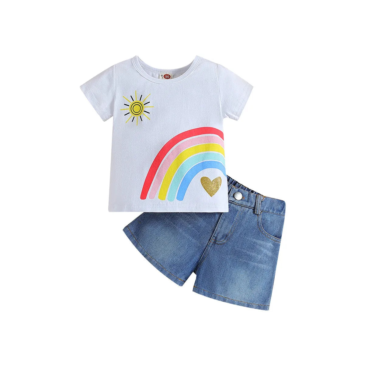 Girls' rainbow striped short-sleeved top and denim shorts two-piece summer set in Picture Style
