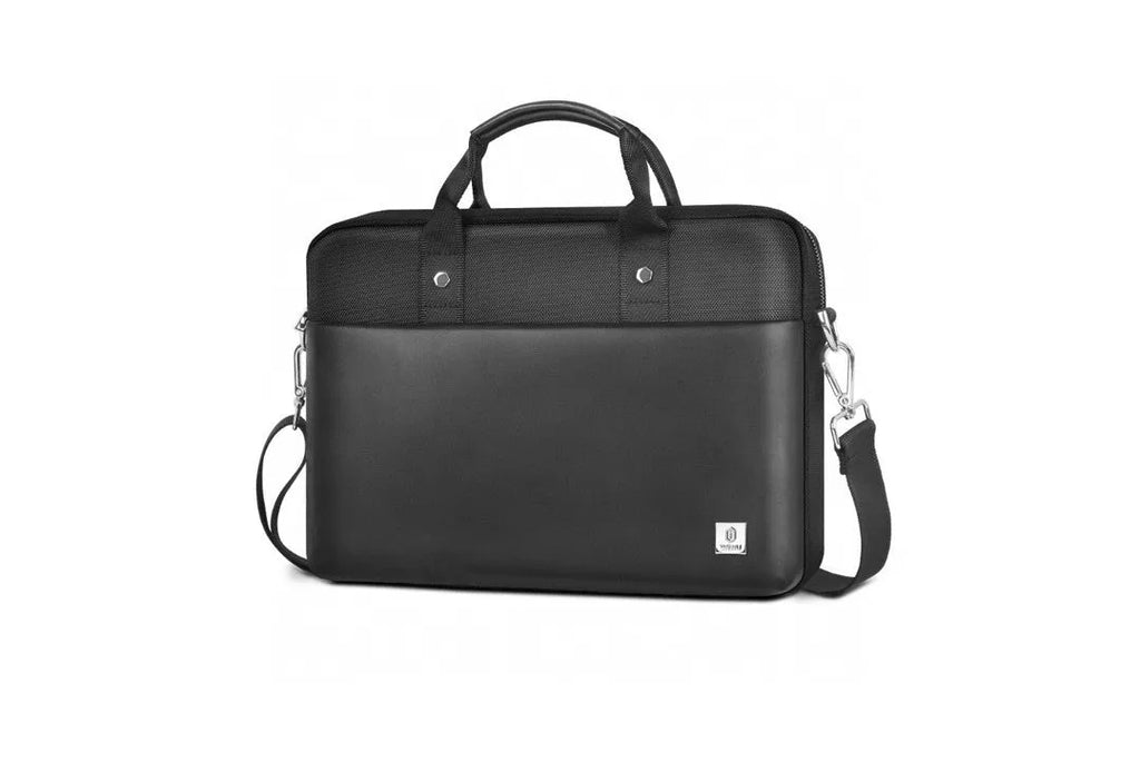 Black Oxford cloth laptop handbag showing multi-pocket organiser design and secure lock.