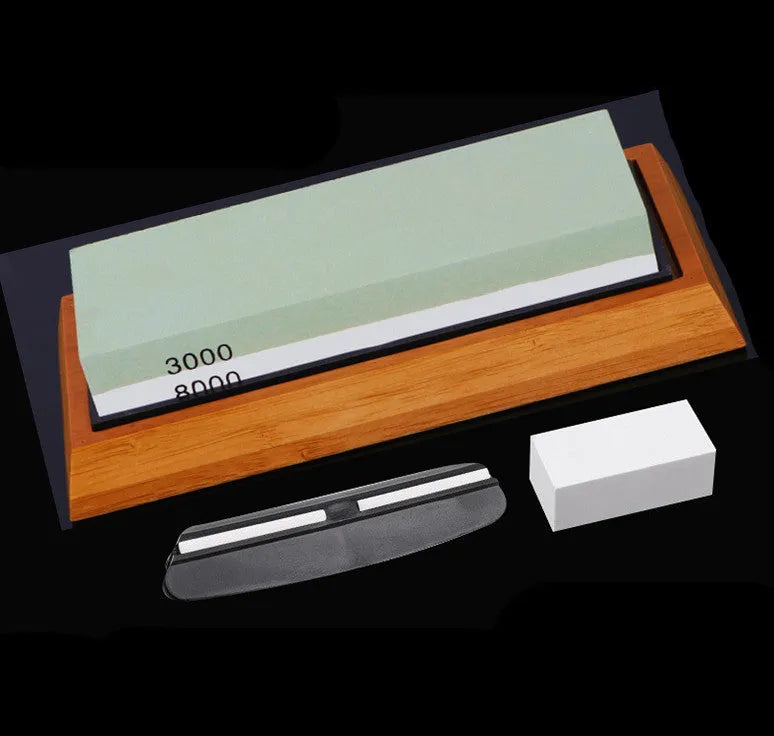Double-sided 3000/8000 grit whetstone with bamboo base for kitchen knife sharpening
