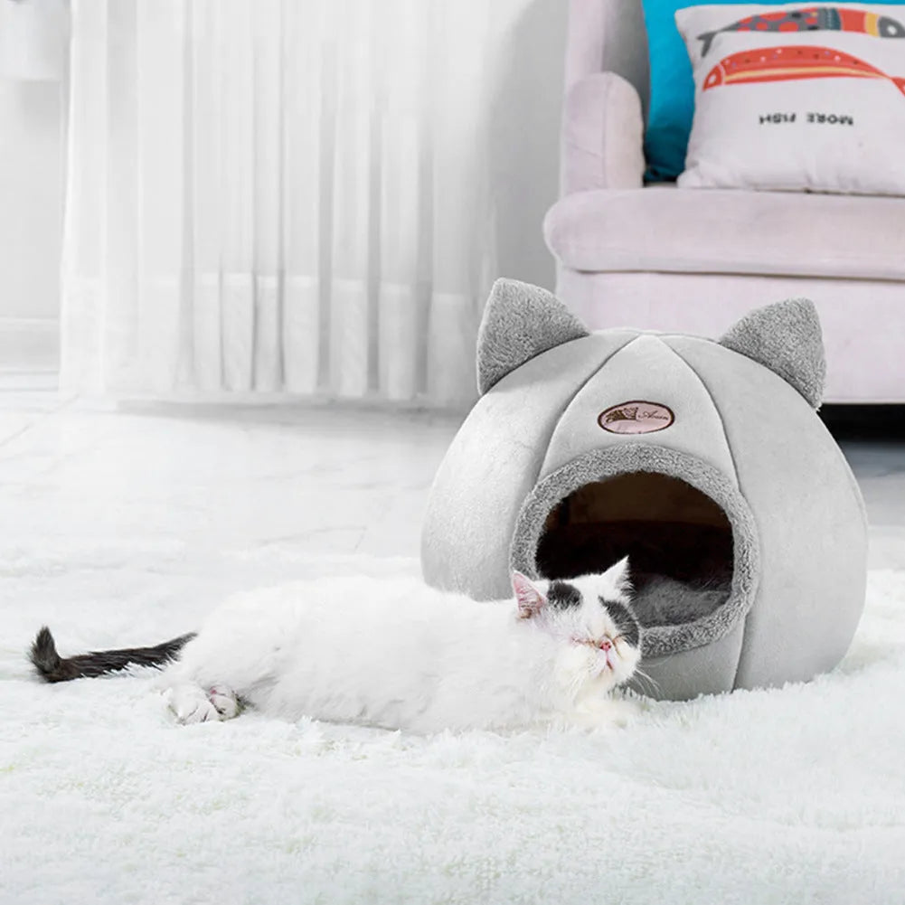 Grey fleece enclosed cube cat bed with entrance hole, shown in small, medium, and large sizes.