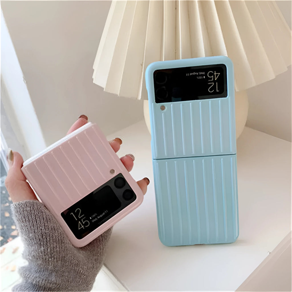 Samsung Z Flip3 flip phone case in black, red, pink, silver, gold, sky blue, and light green colours, showing front and back.