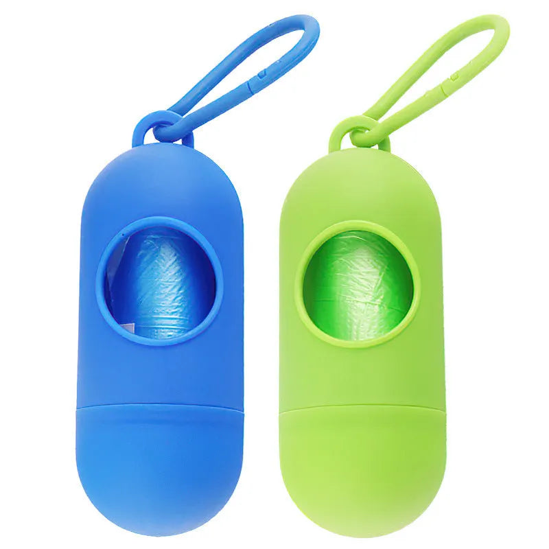 Dog waste bag dispenser with Velcro strip and side metal hook attachment
