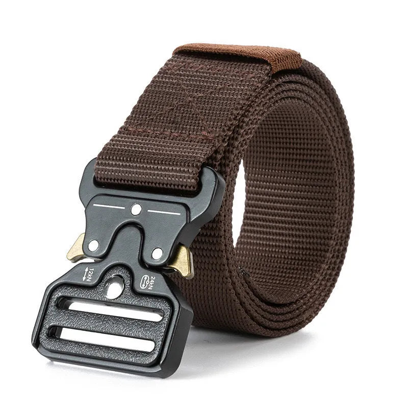 Men's canvas tactical belt with alloy buckle in multiple colour options showing 120cm length