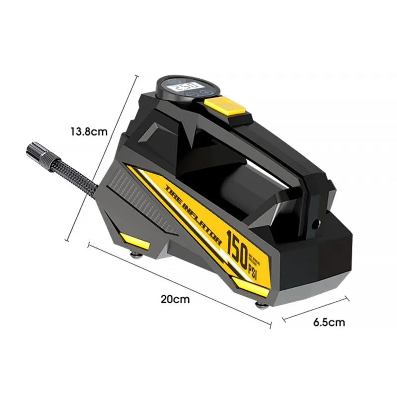 Black portable digital tyre inflator with LED light and 12V power cable.