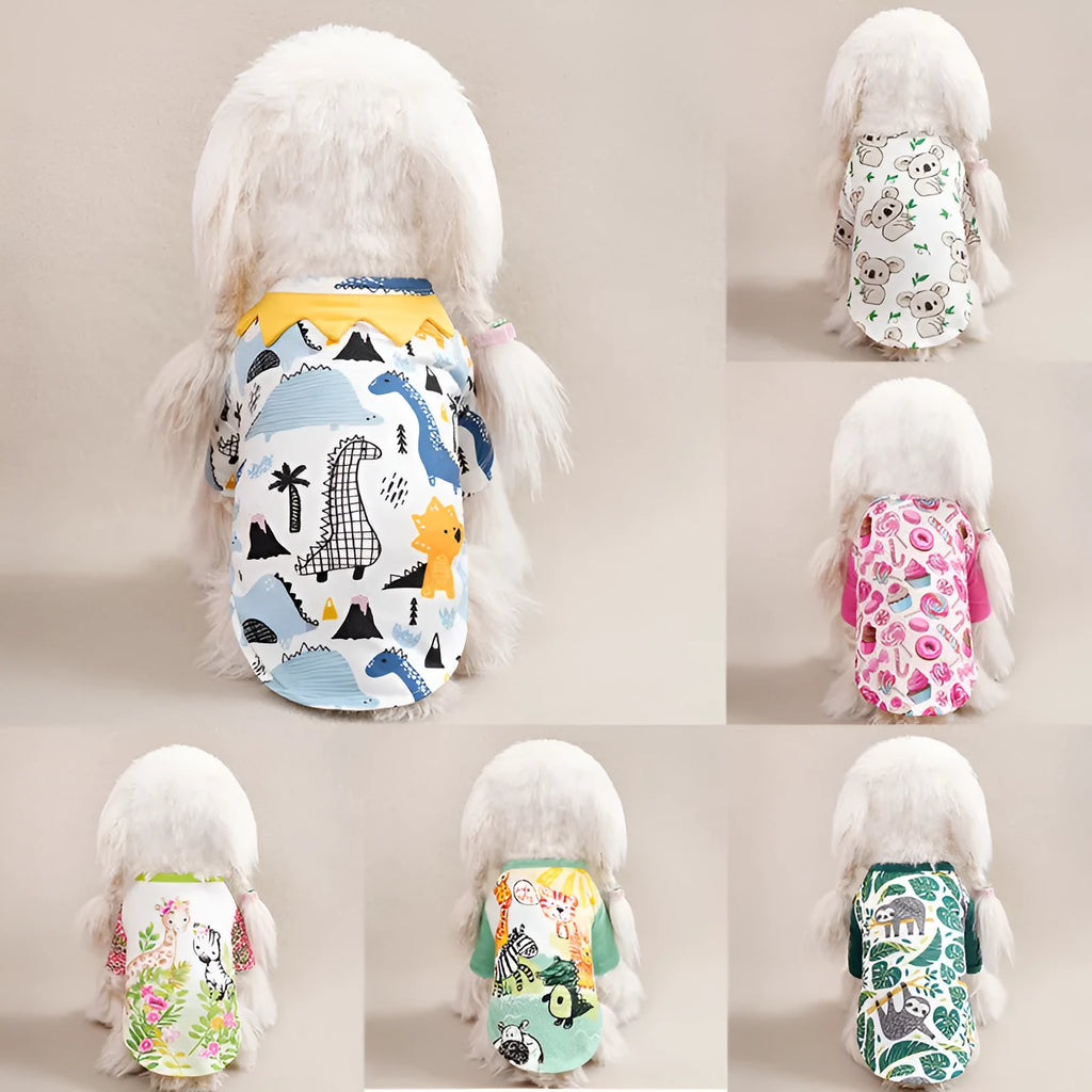 Full printed polyester dog t-shirt in casual style for spring and autumn wear with size chart