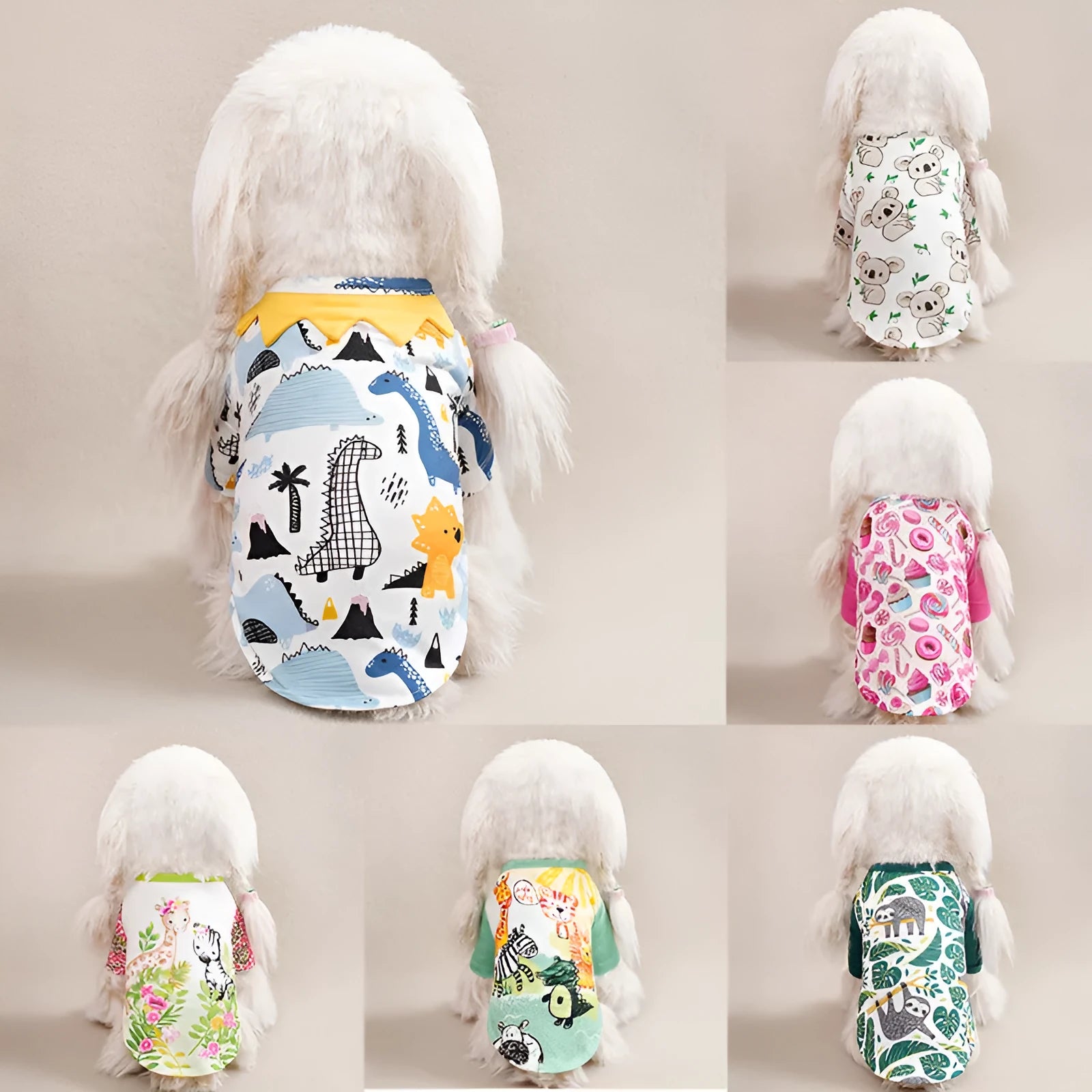 Full printed polyester dog t-shirt in casual style for spring and autumn wear with size chart