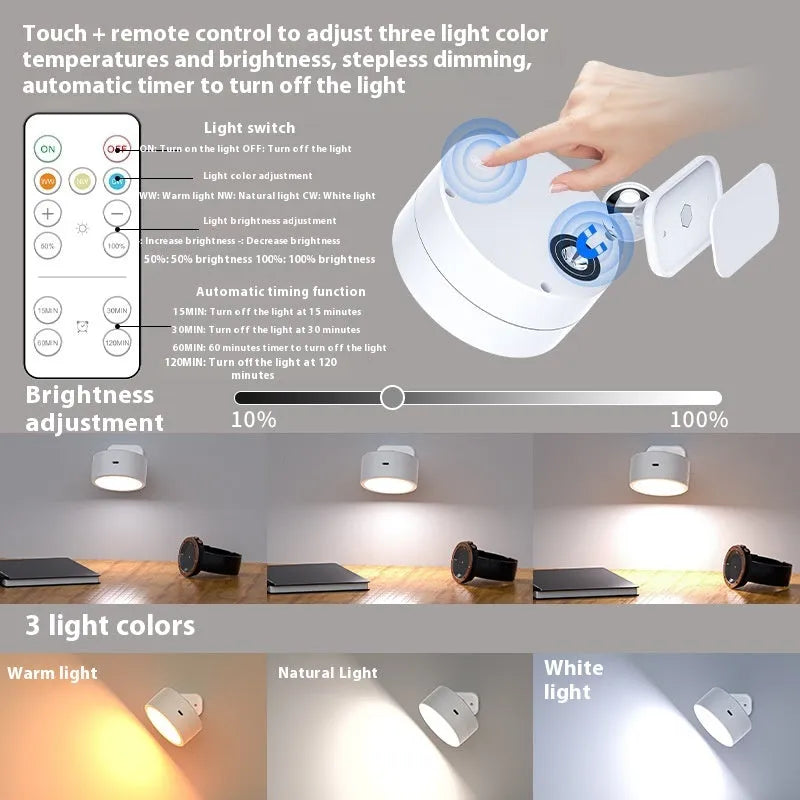 Round rotatable bedside wall lamp in white or black with magnetic suction, built-in battery and CW RGB light, 94*73*74mm