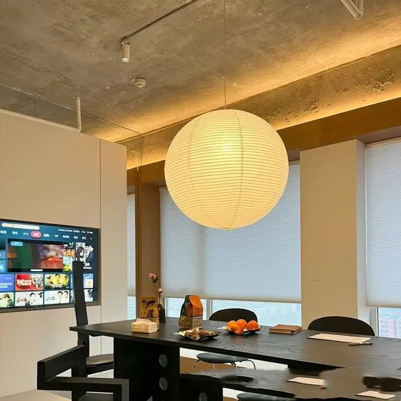 Beige tissue paper chandelier with black line and iron frame, 60cm diameter, full spectrum warm light