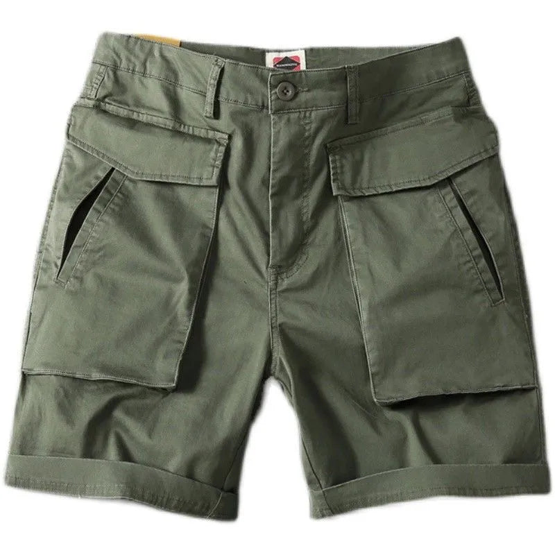 Men's cotton stretch cargo shorts in army green with multiple pockets on a white background.
