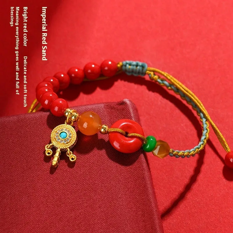 Cinnabar peace blessing buckle bracelet for women in emperor red sand colour with hand-woven geometric design