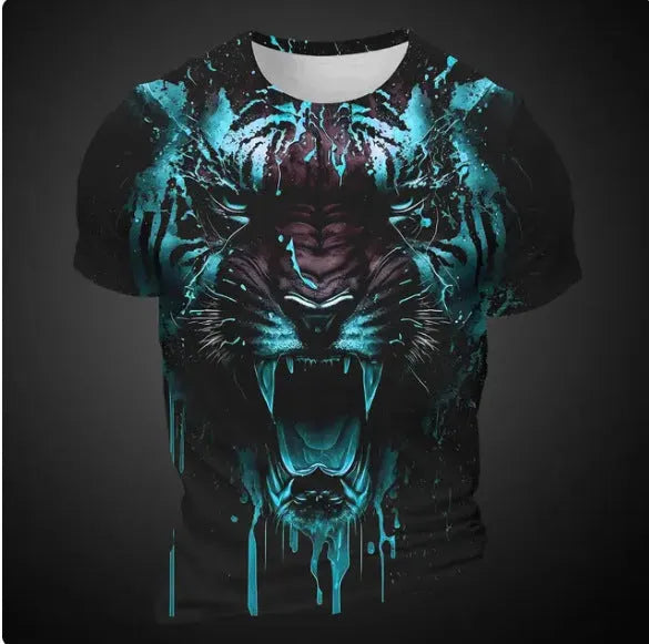 Men's short sleeve T-shirt showing detailed 3D tiger pattern digital printed on light grey bird eye polyester fabric