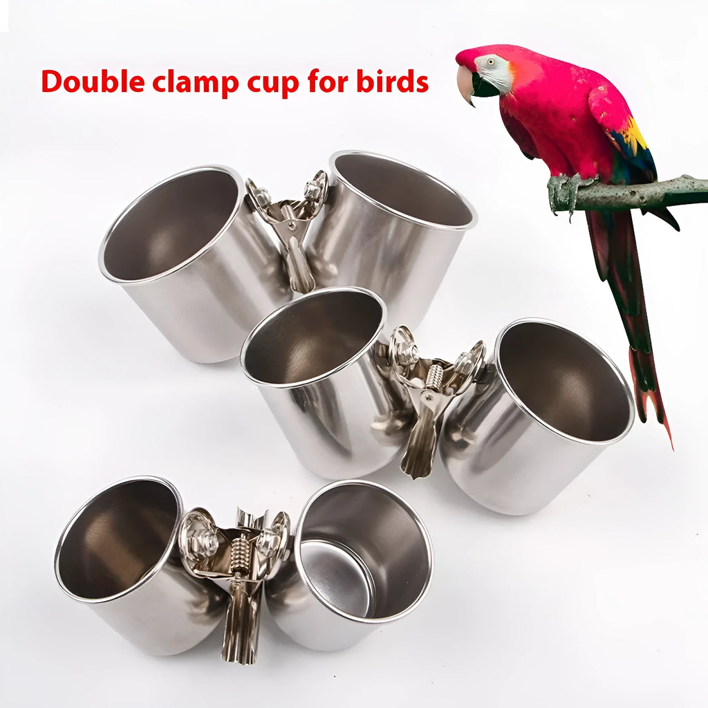 Stainless steel outdoor bird feeder in natural metallic finish, shown in three size options.