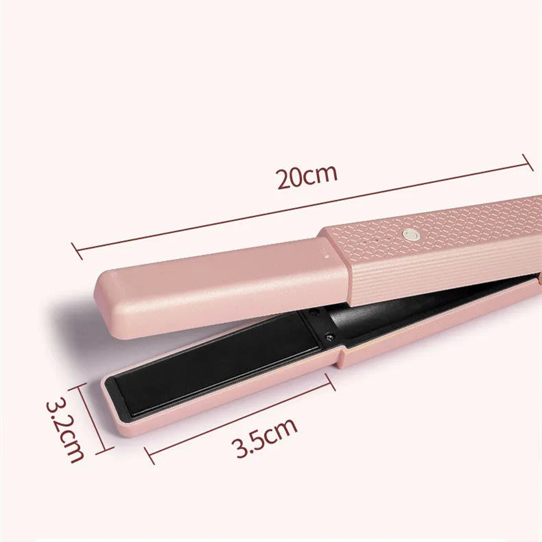 Pink and green mini cordless USB hair straightener with ceramic plates for travel