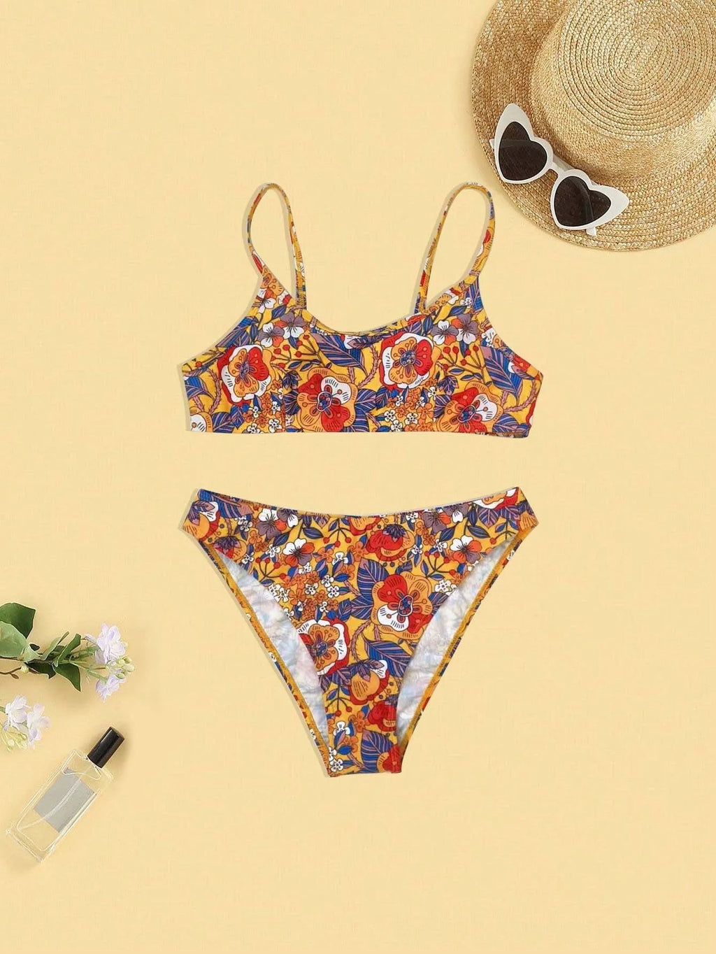 Women's plus size floral print bikini swimsuit with adjustable straps in briefs cut